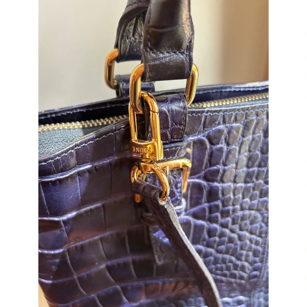 Prüne‎ Navy Blue Croc Embossed Leather Satchel Handbag Gold Hardware 9073